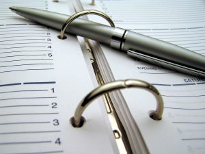 macro (zoomed in closeup photo) of a pen on a daily planner in a 3-ring binder